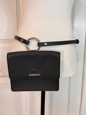 Vince Camuto Black Faux Leather Belt Bag with Silver Ring Accent Travel